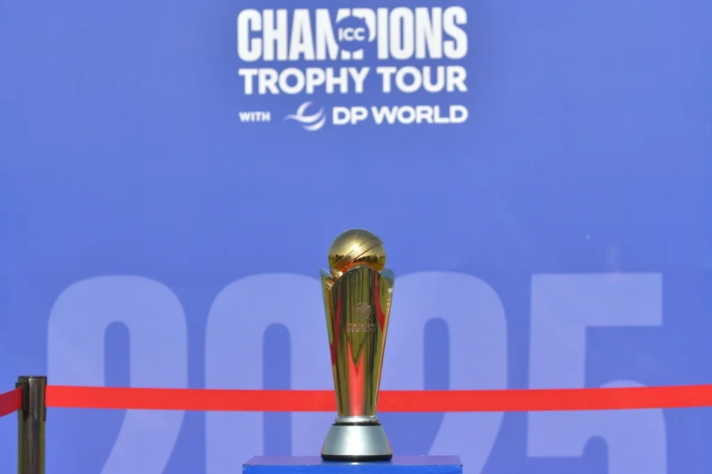 The Champions Trophy on display during the trophy tour, Karachi, November 21, 2024