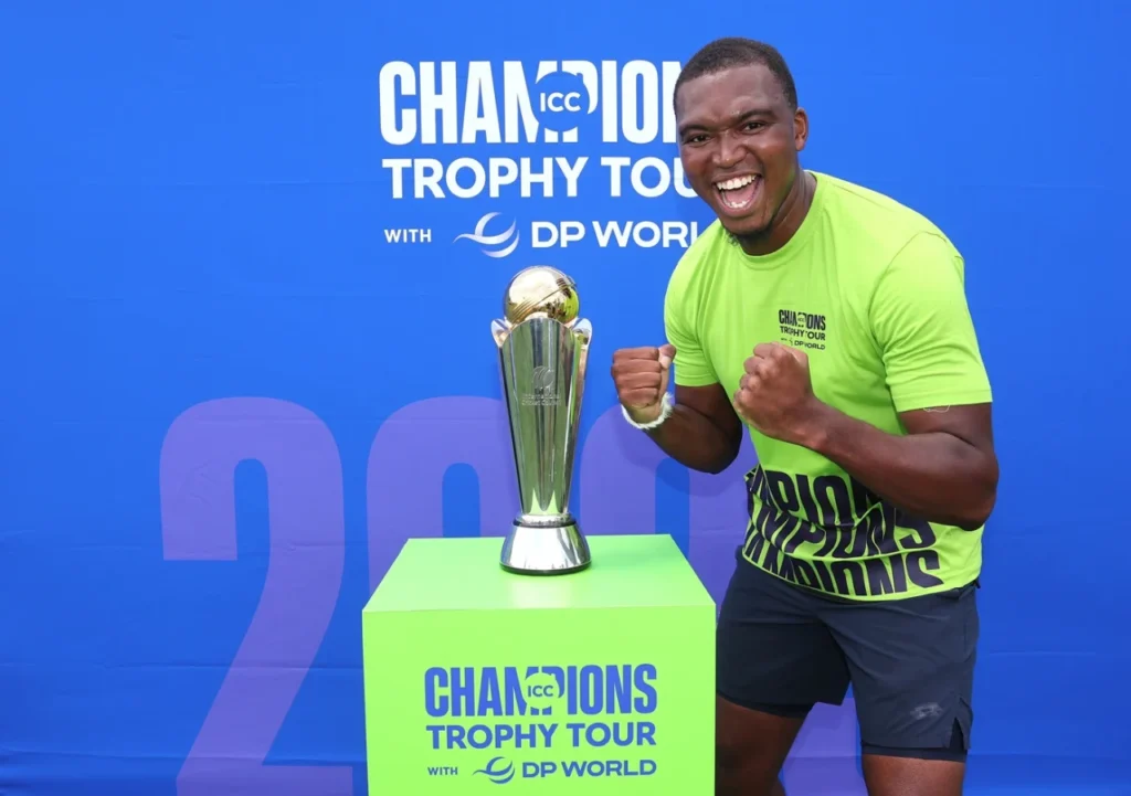 Lungi Ngidi with the Mens Champions Trophy in Johannesburg ICC Mens Champions Trophy Tour Johannesburg December 19 2024