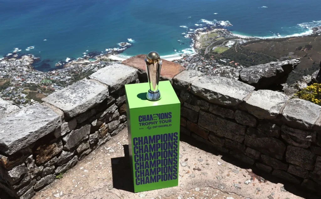 The Men's Champions Trophy at the Table Mountain in Cape Town, ICC Men's Champions Trophy Tour, Cape Town, December 15, 2024